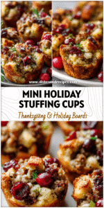 Mini stuffing cups with sausage and cranberries served on a holiday platter in muffin tins.